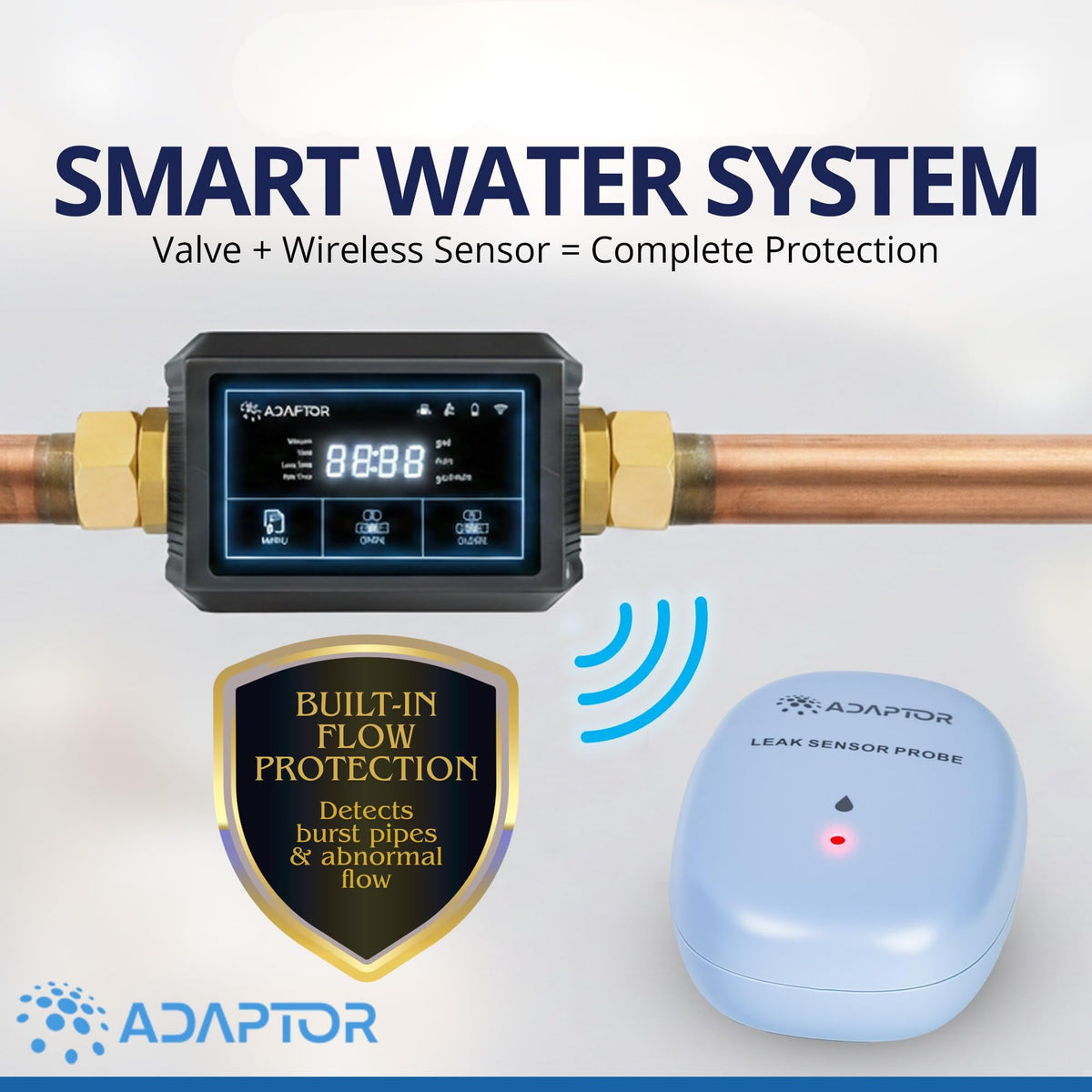 Smart Water Shut Off Valve & WiFi Leak Sensor Kit, Flow Monitor 3/4"