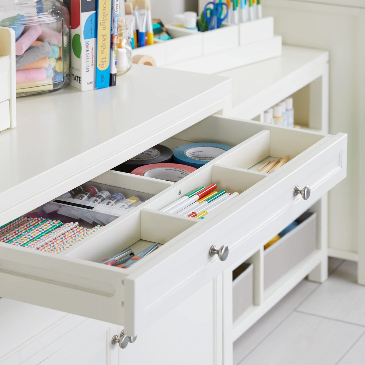 Martha Stewart Crafting Kids' Artwork Storage - Linen White: Wooden Art Supply Storage Cabinet with Drawers, Crafting Organization for Paper and Tools