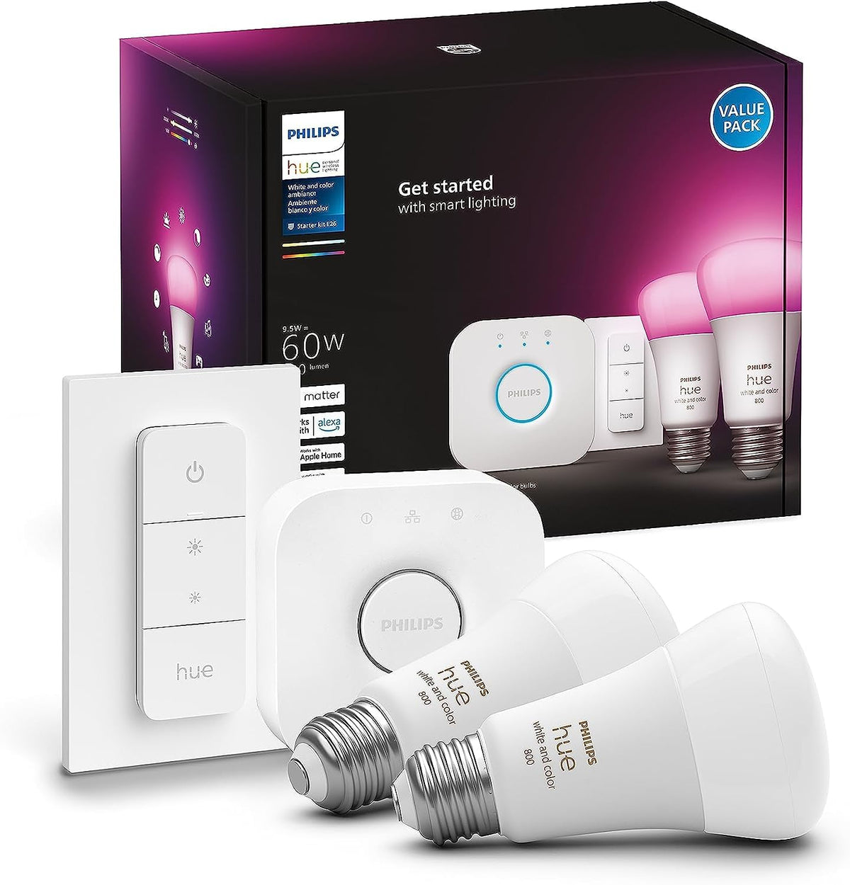 Philips Hue Secure Starter Kit - Includes 3 Secure Contact Sensors (White), 1 Indoor Motion Sensor, 1 Bridge, 2 White & Color Ambiance Smart Bulbs - Easy to Install, Works with Hue App
