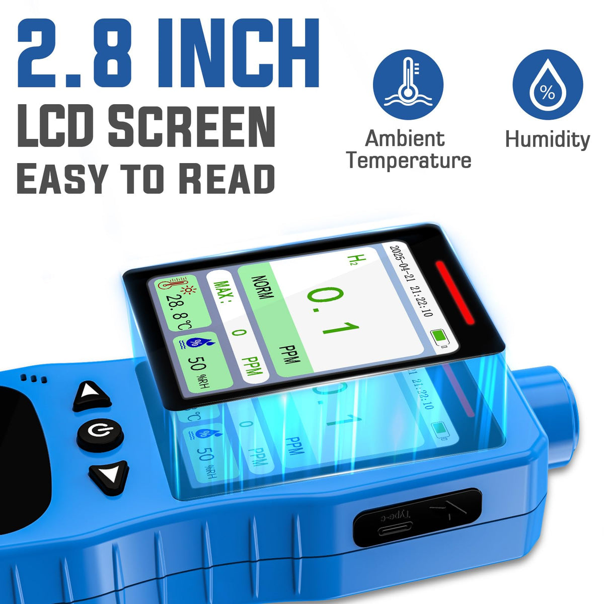 Hydrogen Gas Detector 0-1000 PPM, 0.1 PPM High Accuracy H2 Monitor with 3 Types Alarm, Rechargeable Hydrogen Meter, Portable H2 Air Quality Meters with Temperature Humidity Tester
