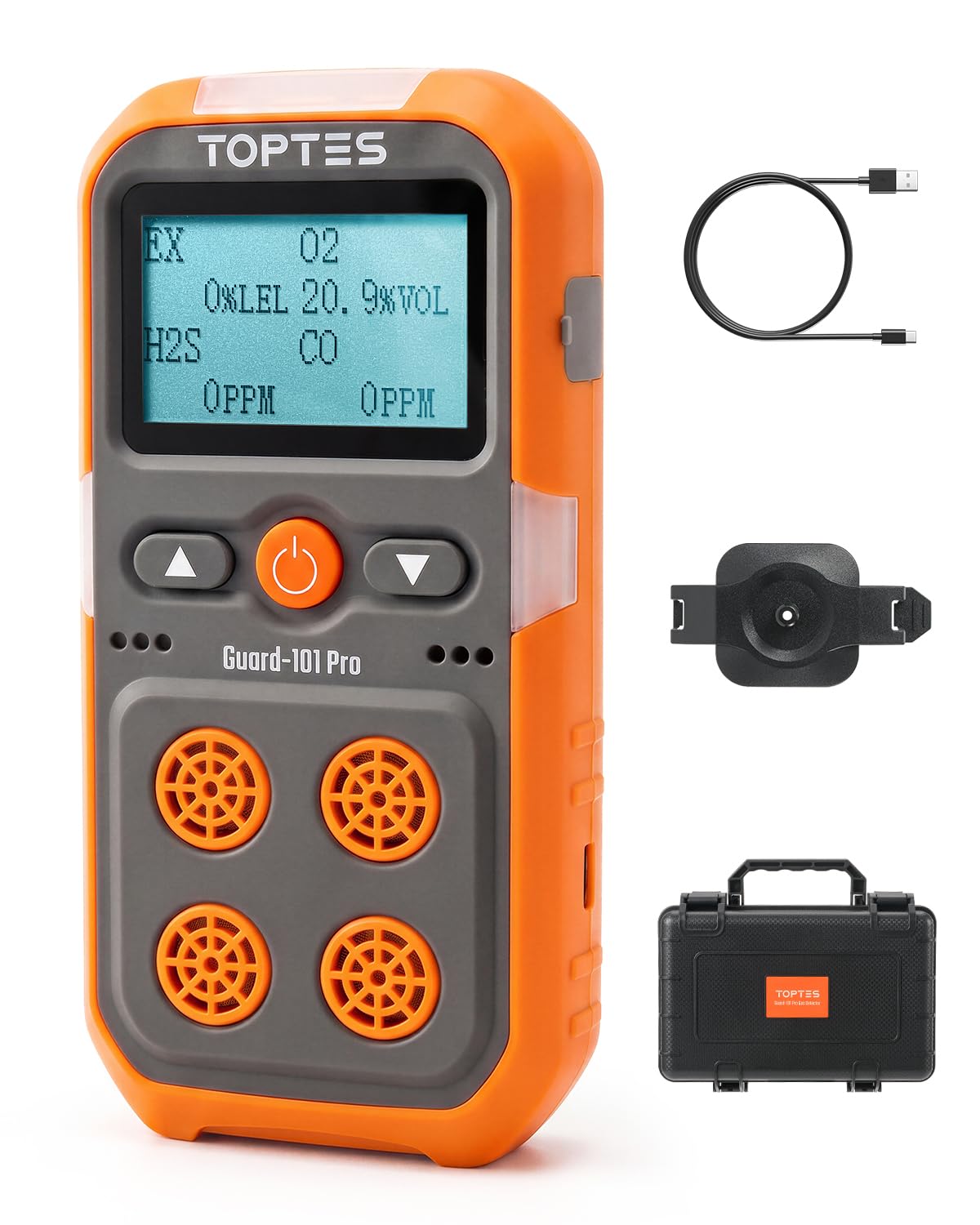 TopTes Guard-101Pro 4 Gas Monitor, Gas Detector for H2S, CO, LEL and O2, Upgraded 5-Year O2 Sensor, Vibration, Visual and Audible Alarms, 14-Hour Battery Life, Explosion-Proof, for Work and Home