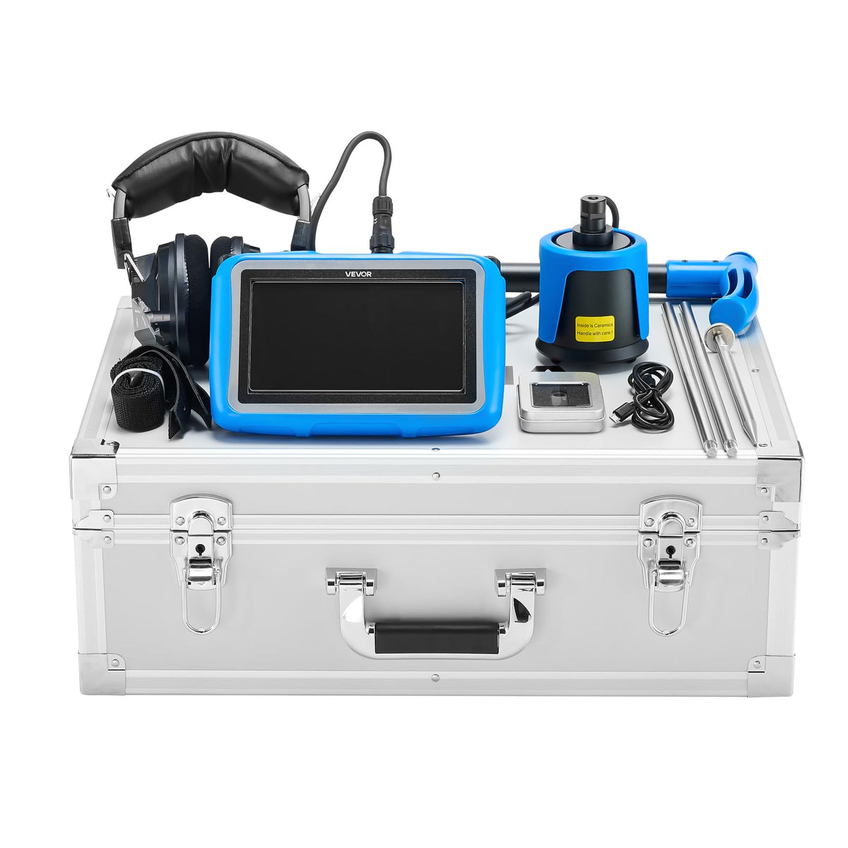 VEVOR Pipe Water Leak Detector for Outdoors, 1Hz-10000Hz, 7" Touchscreen Water Leakage Detection Locator for 16.4FT (5m) Underground Plumbing - with Medium Sensor, 3 Listening Rods, Headphone & Case