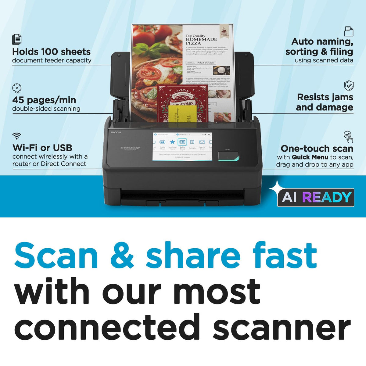 ScanSnap iX2500 Wireless or USB High-Speed Document Scanner, Black