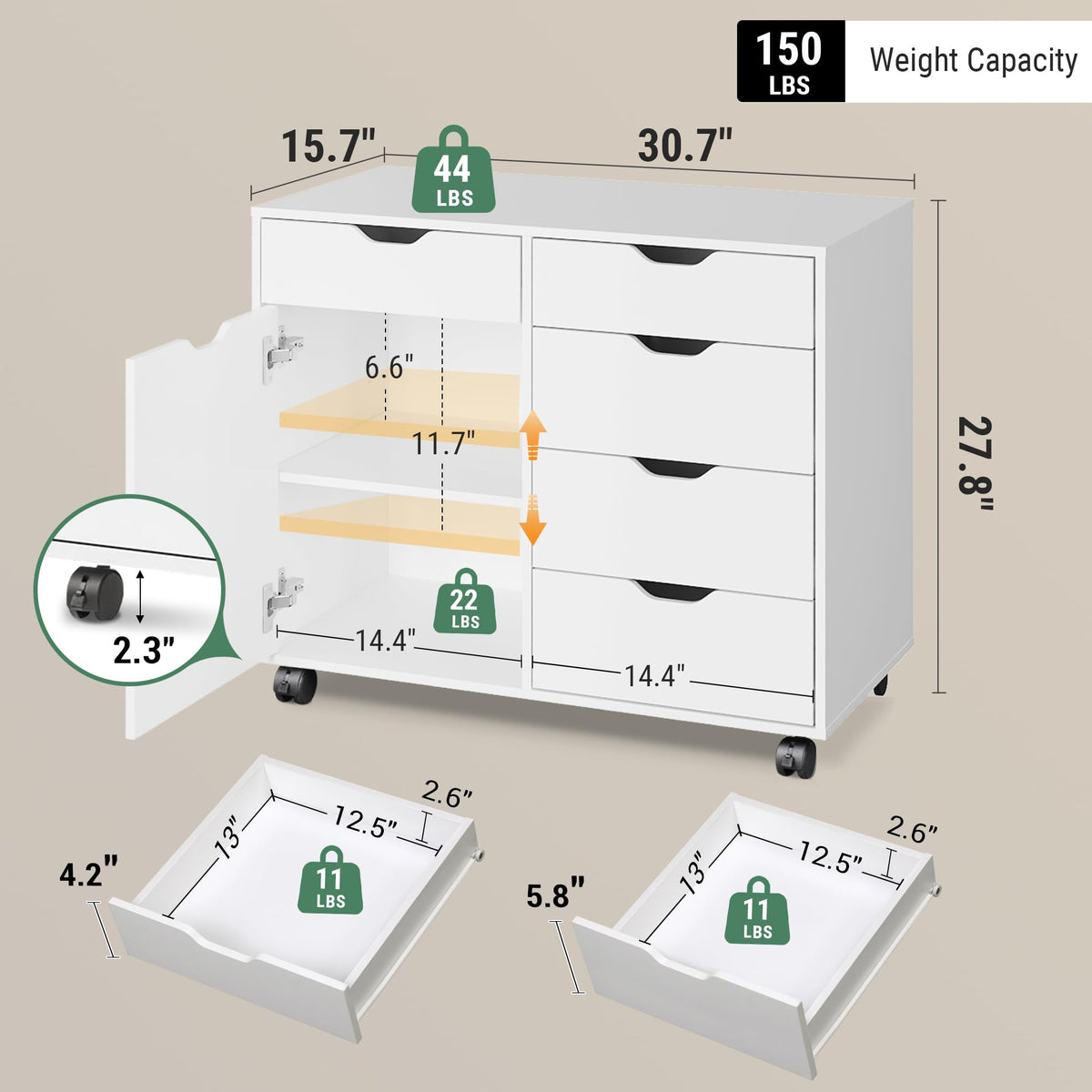 DEVAISE 5-Drawer Wood Office Cabinet, Craft Storage Cabinet, White
