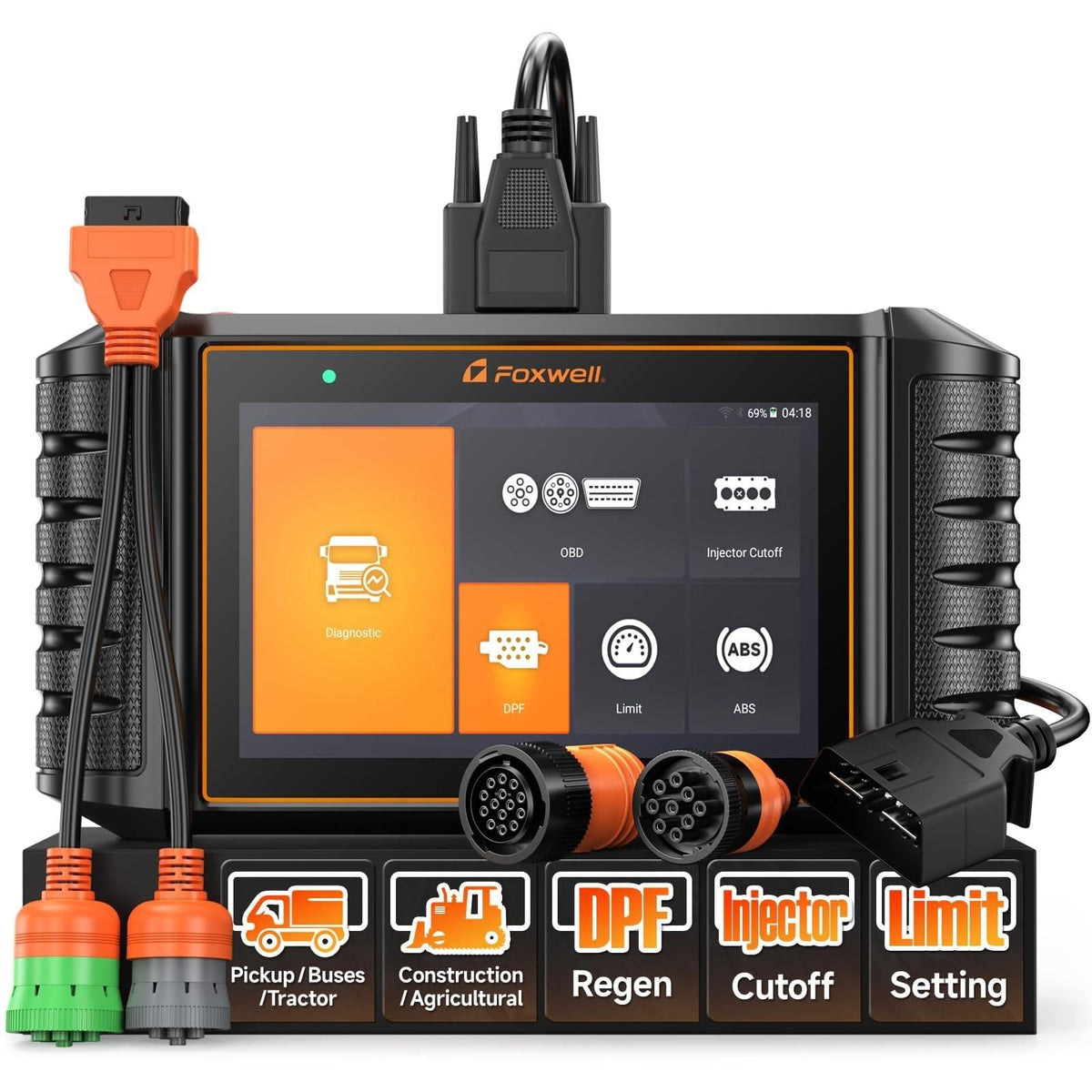 FOXWELL HD500 Heavy Duty Truck Scanner with DPF Regen/Injector Cutoff/Speed Limit Setting, Full System Diagnostic Scan Tool for Cummins, Detroit, Caterpillar, Paccar, Pickup Trucks, Black