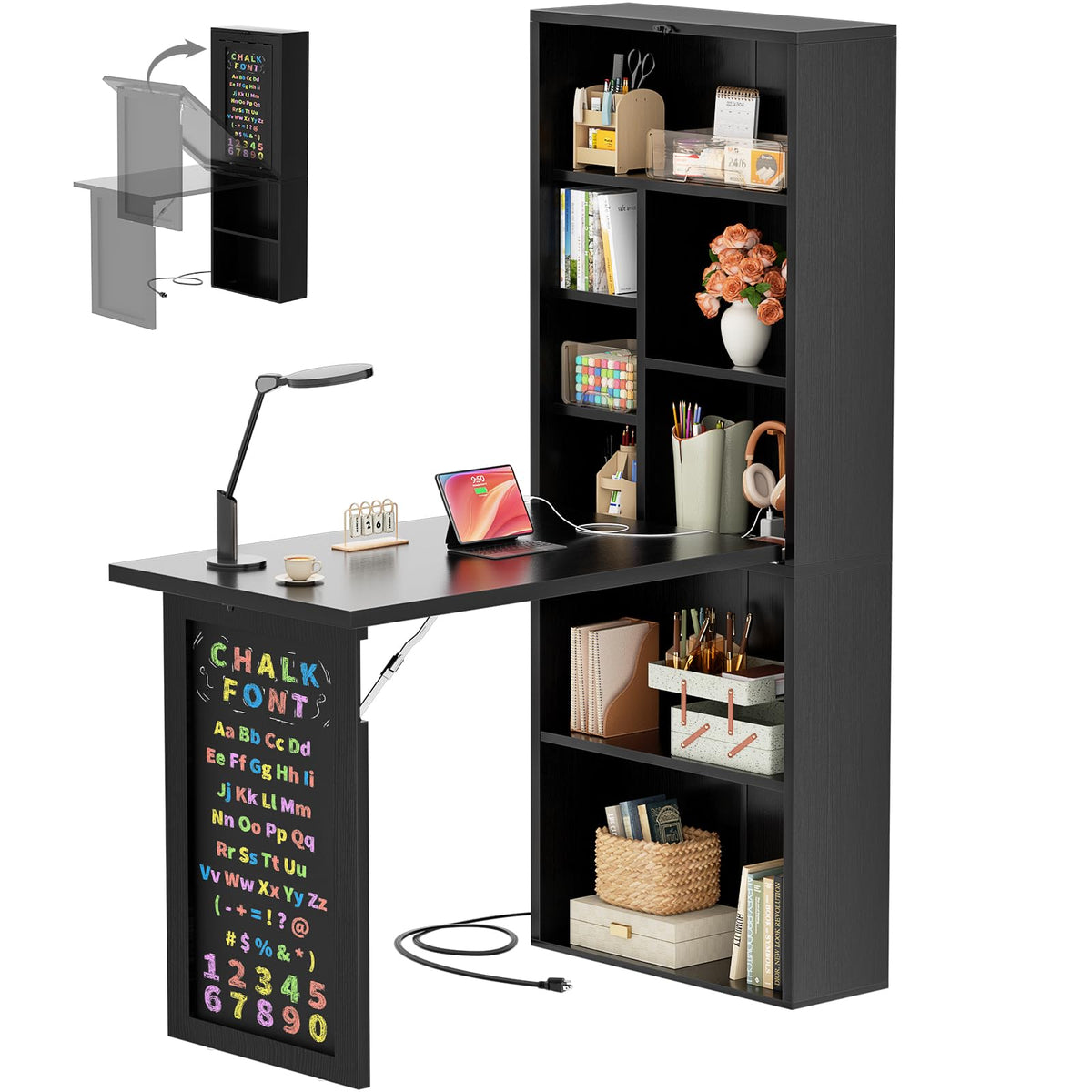 Small Folding Desk with Outlets, Fold-Out Murphy Desk Craft Table