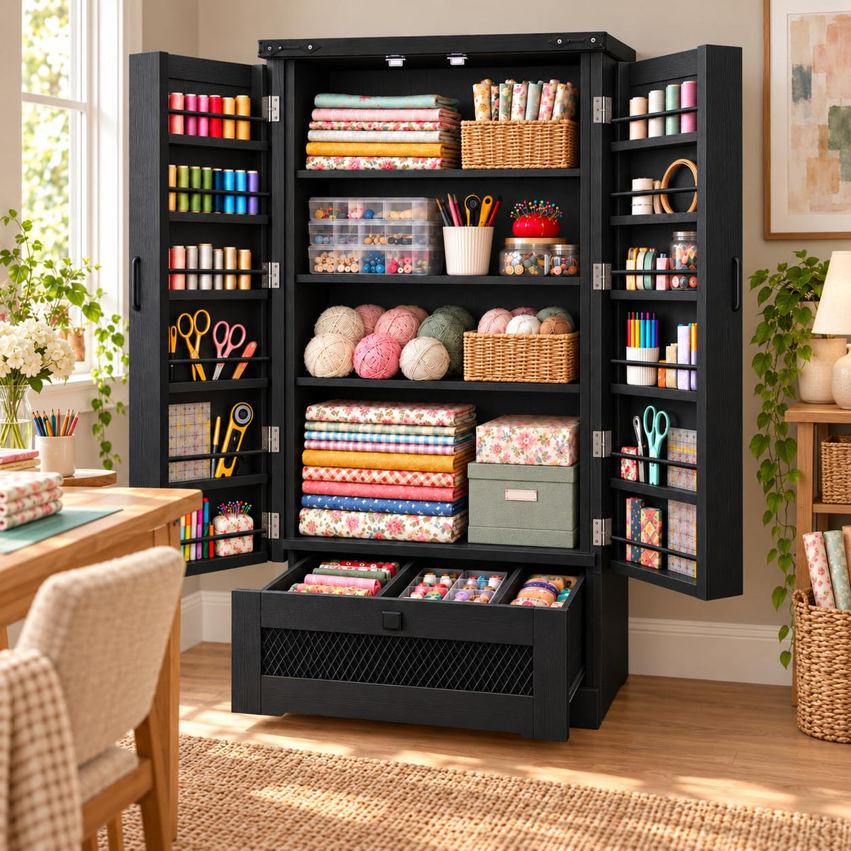 Sewing Cabinet with Storage, 47" Tall Craft Organizer for Sewing Machine, Double Doors with Thread Shelves, Adjustable Interior Shelves and Bottom Drawer (Brown)