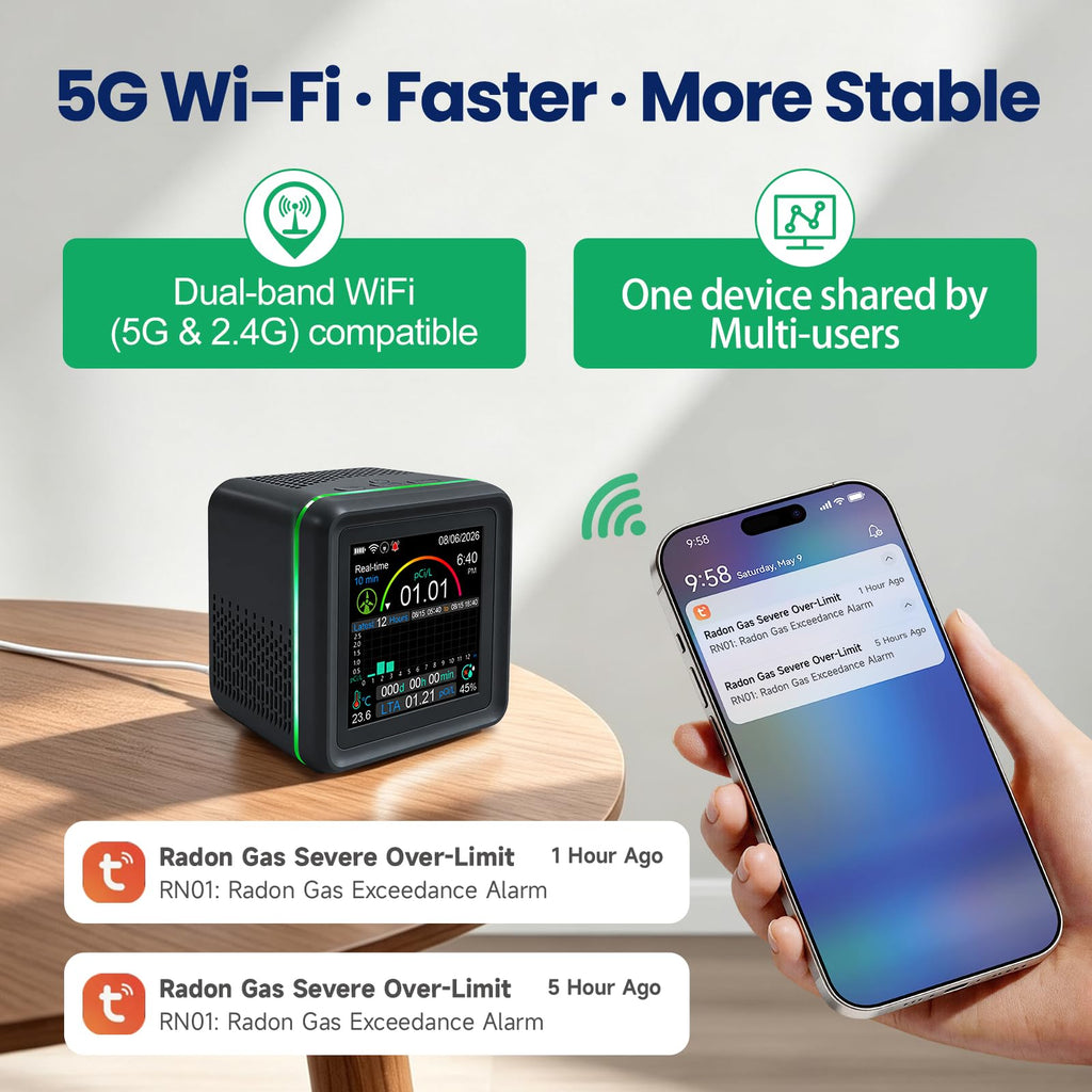 GZAIR Radon Detector for Home,with WiFi,Tempertaure,Humidity，Results in 10 Minutes,508 Days of Storage (Gray)