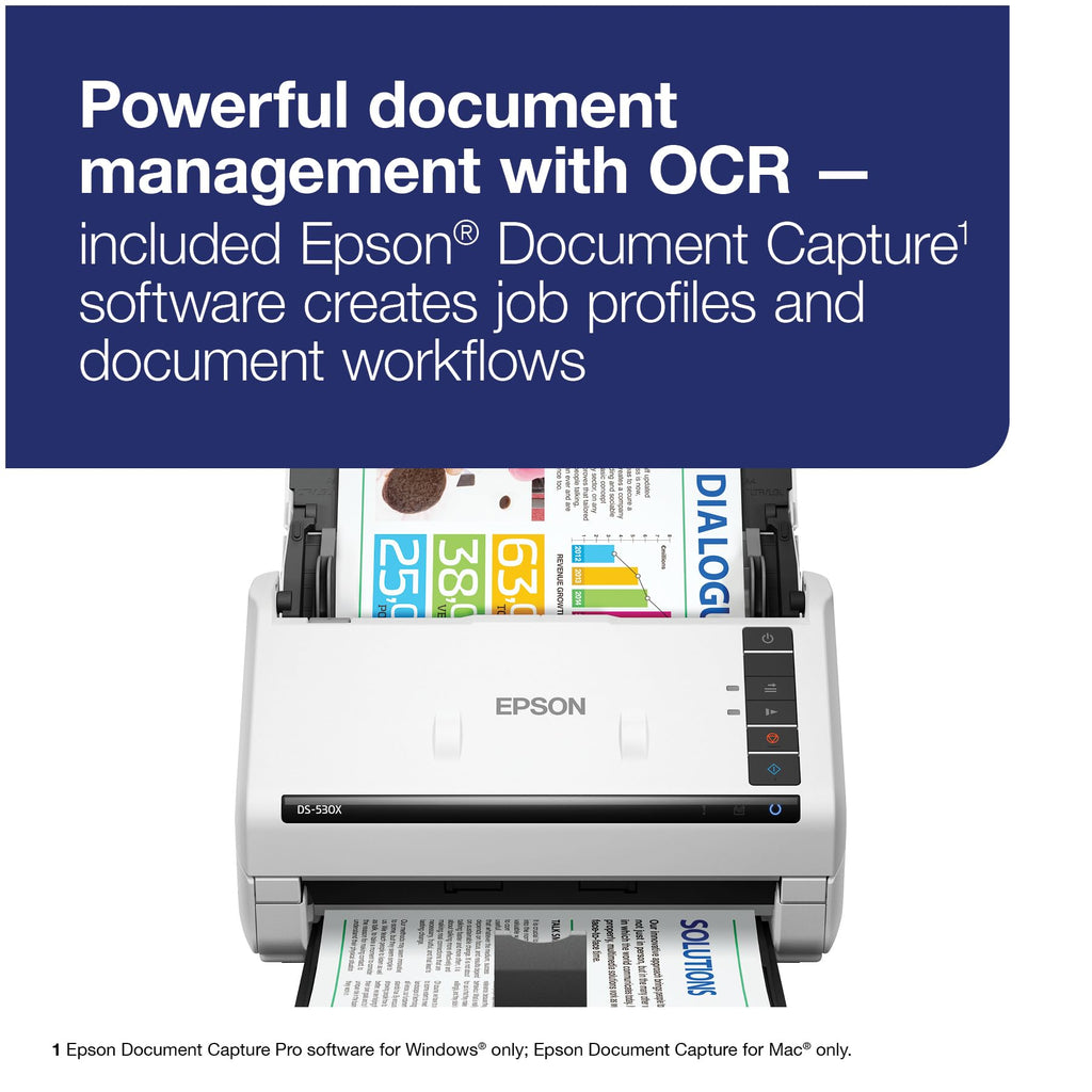 Epson DS-530X Color Duplex Desktop Document Scanner, up to 45 ppm, USB Connectivity, 100-Page Auto Document Feeder (ADF), Twain and ISIS Drivers