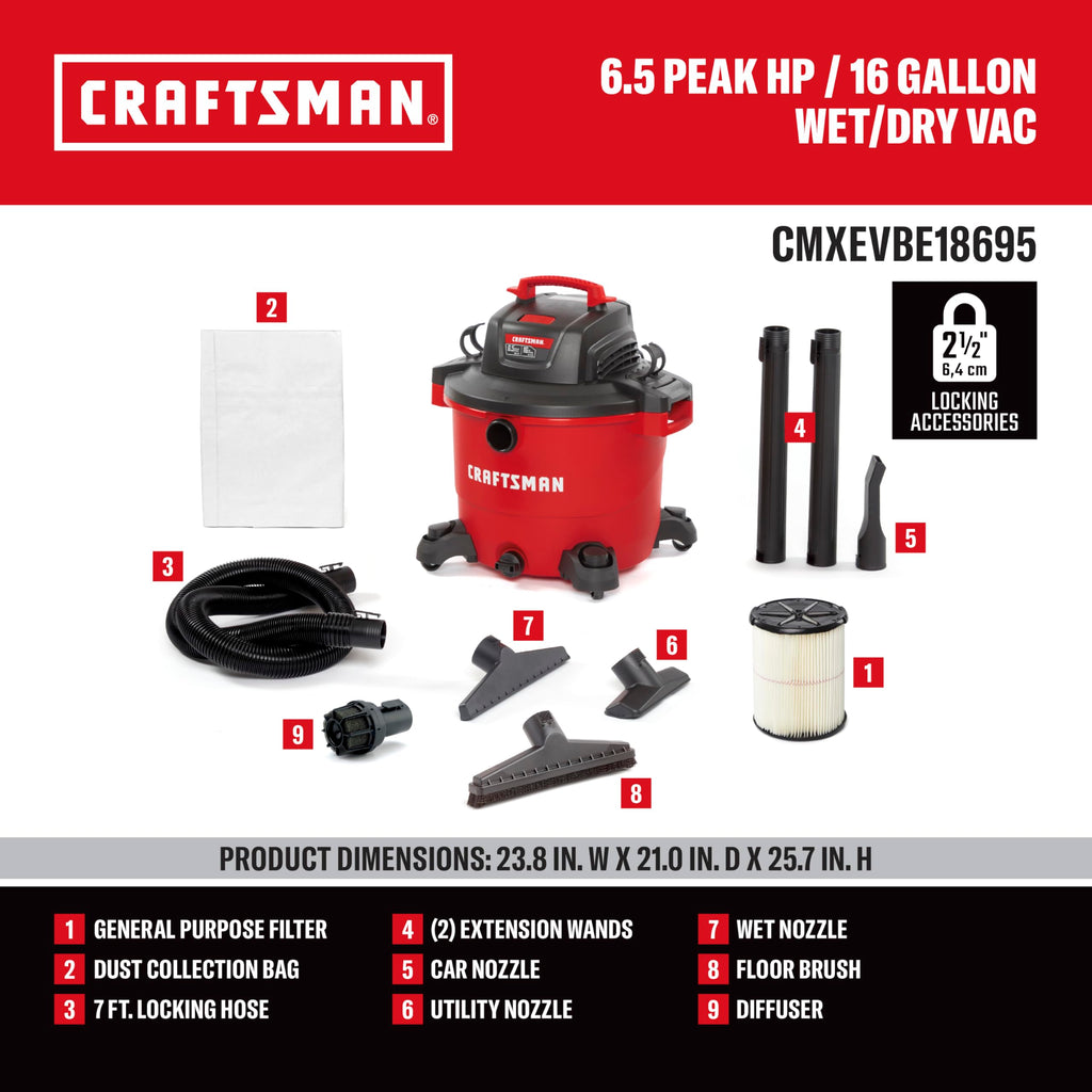 CRAFTSMAN CMXEVBE18695 16 Gallon 6.5 Peak HP Wet Dry Shop Vacuum
