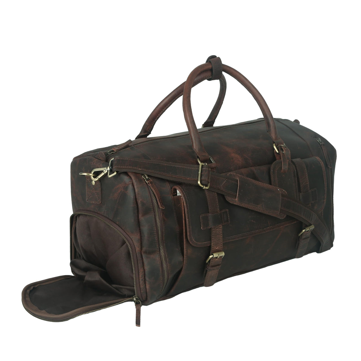 22 Inch Genuine Leather Full Grain Duffel Bag | Overnight Travel Weekend Sports Gym Traveling | Carryon Durable Cabin With Shoe Compartment For Men and Women