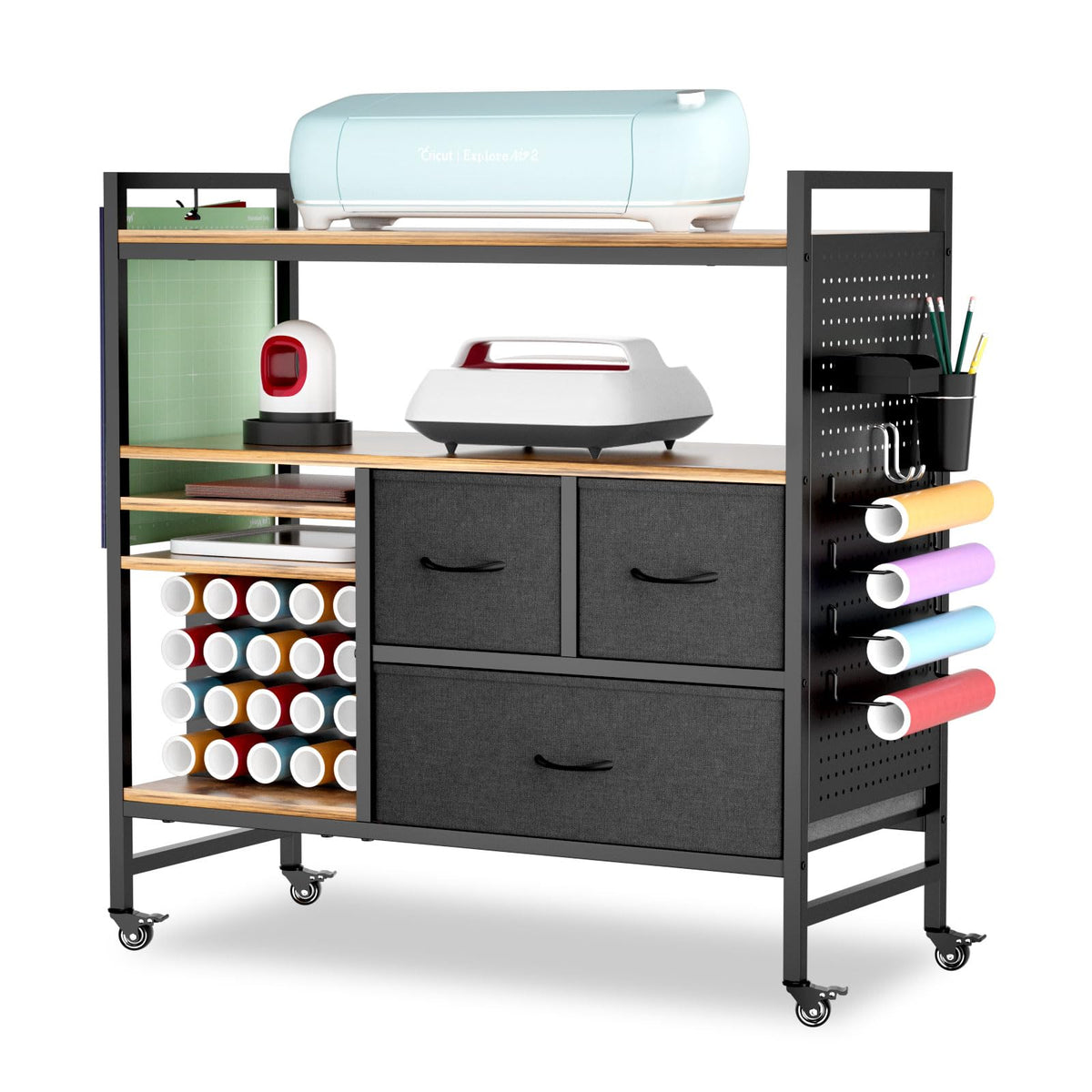 Craft Storage Cart Compatible with Cricut, 20-Roll Rack & Pegboard