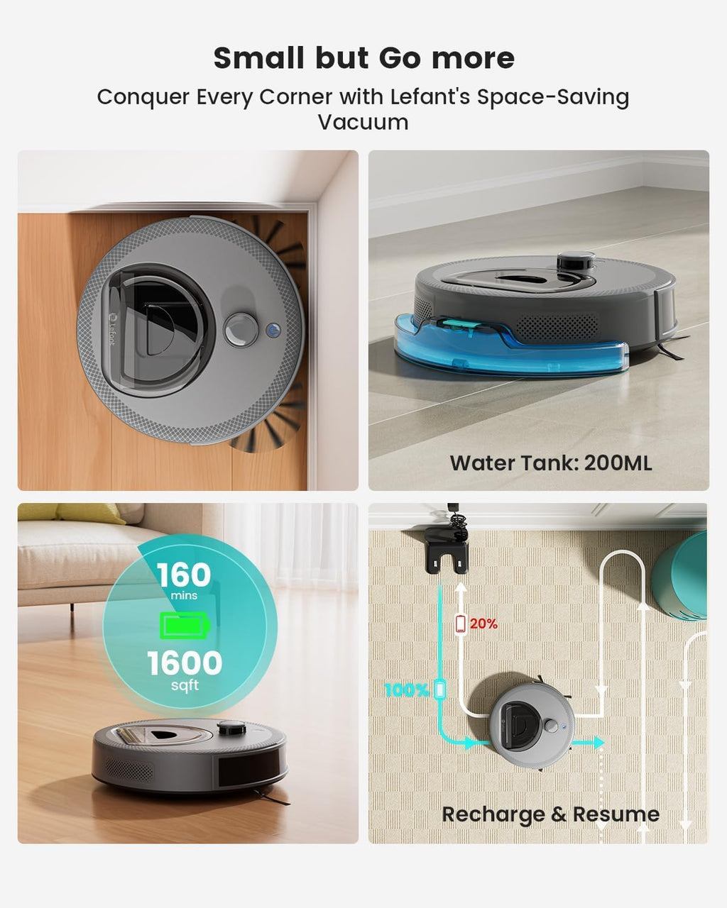 Lefant Robot Vacuum and Mop, Smart Mapping and Obstacle Avoidance, Tangle-Free Pet Hair, 2.4G/5G WiFi App Control, Slim Design for Wider Coverage, Carpet Detection, M330 Pro, Grey