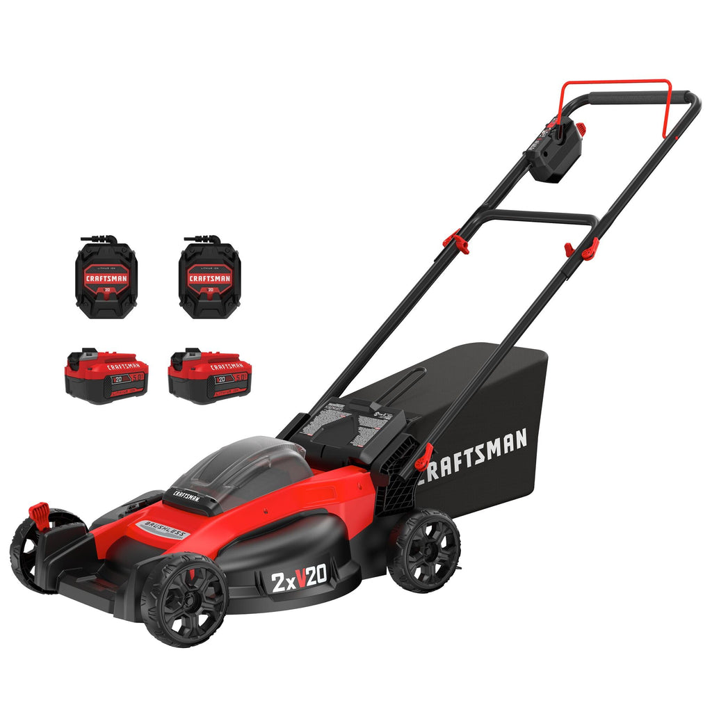 CRAFTSMAN V20 20 in Lawn Mower, 2 x 5Ah Batteries and 2 Chargers Included, High Effeciency Brushless Motor, Push Mower, Up to 50 Min of Runtime, Lightweight, Grass Bag, Low Profile (CMCMW220P2)