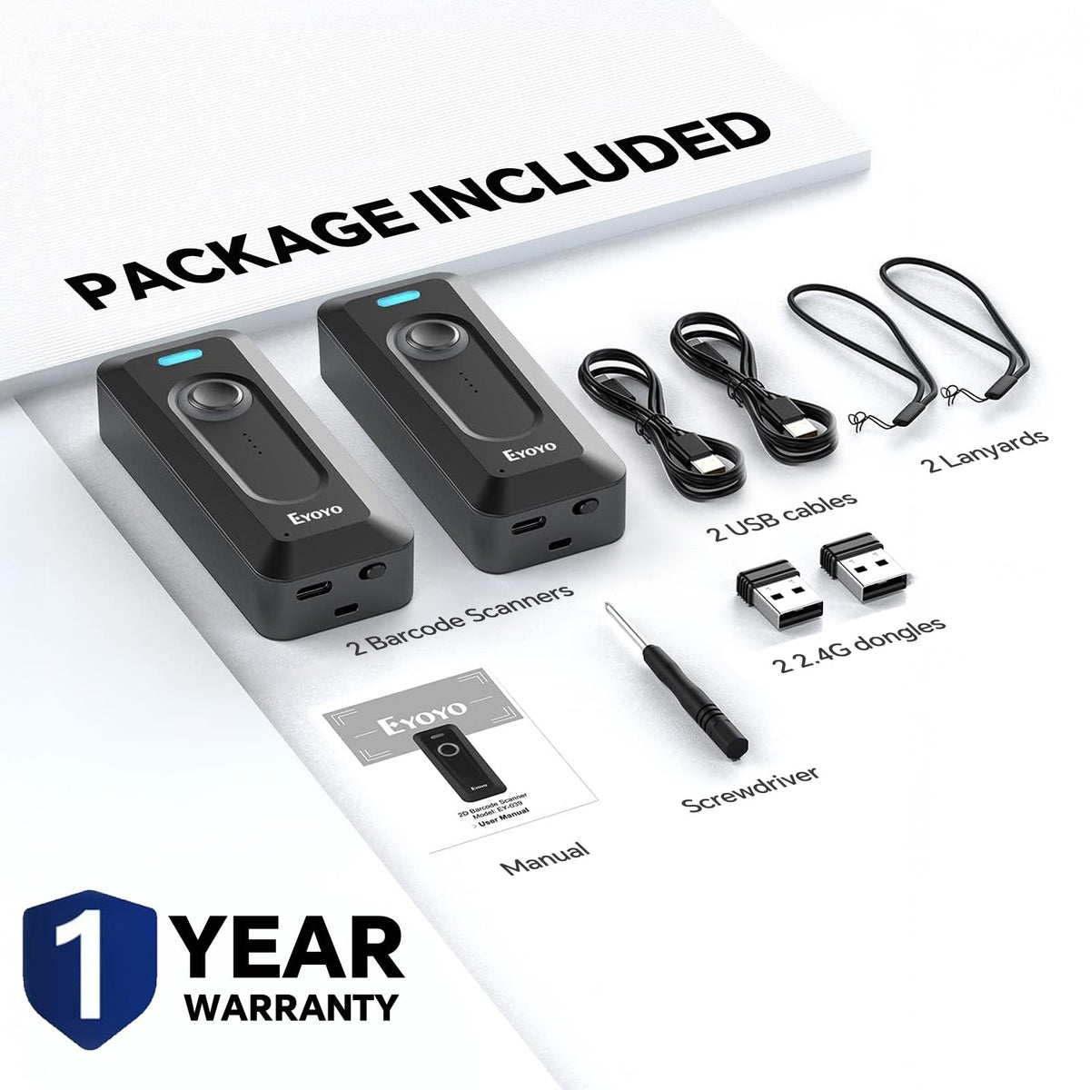 Eyoyo 2-Pack Portable Mini 2D Bluetooth Barcode Scanner Wireless with Clip