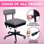 Pink Power Sewing Chair with Wheels and Adjustable Back Support, Gray