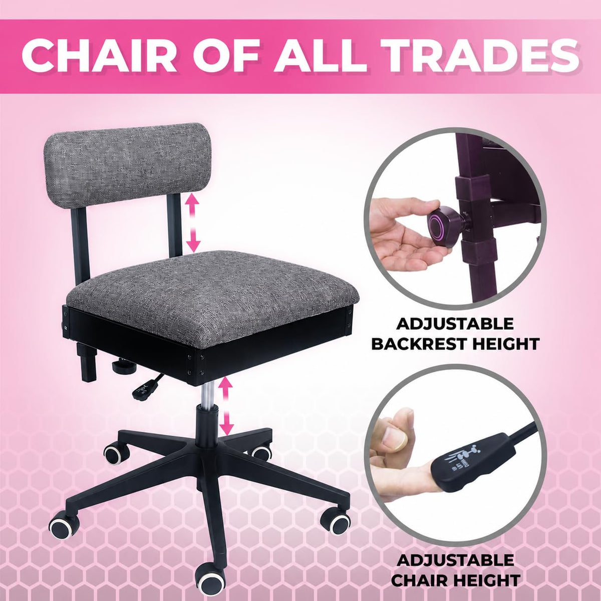 Pink Power Sewing Chair with Wheels and Adjustable Back Support, Gray