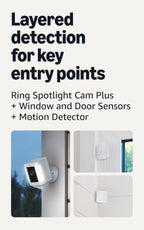 Ring Spotlight Cam Plus, Battery, White with 2 Window and Door Sensors (newest model) and Motion Detector (newest model)