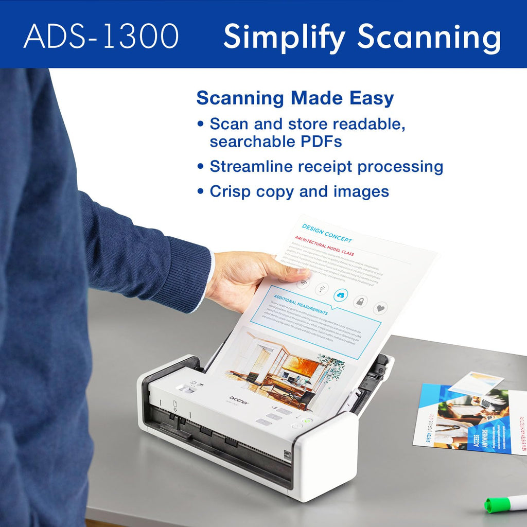 Brother ADS-1300 Compact Desktop Scanner | Scan Speeds of Up to 30ppm | Single Pass Double-Sided Scanning
