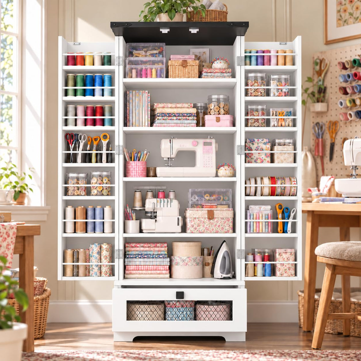 55" Tall Sewing Cabinet with Storage, Craft Storage Cabinet with Adjustable Shelves, Double Doors with Storage Shelves and Large Drawer, Farmhouse Storage Organizer for Sewing Supplies, White