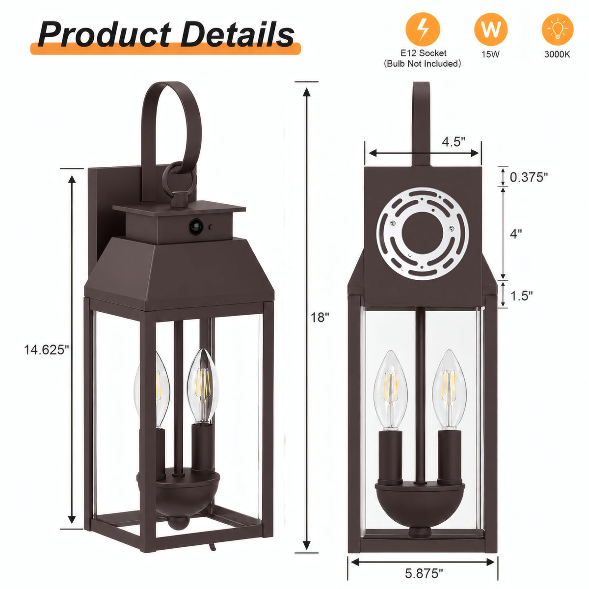 Upgraded 18IN Motion Sensor Outdoor Light, Brown Porch Light
