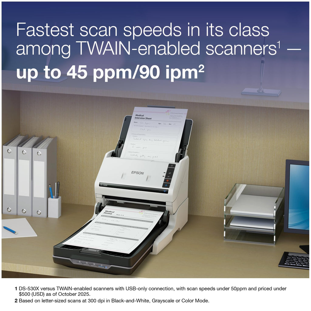Epson DS-530X Color Duplex Desktop Document Scanner, up to 45 ppm, USB Connectivity, 100-Page Auto Document Feeder (ADF), Twain and ISIS Drivers