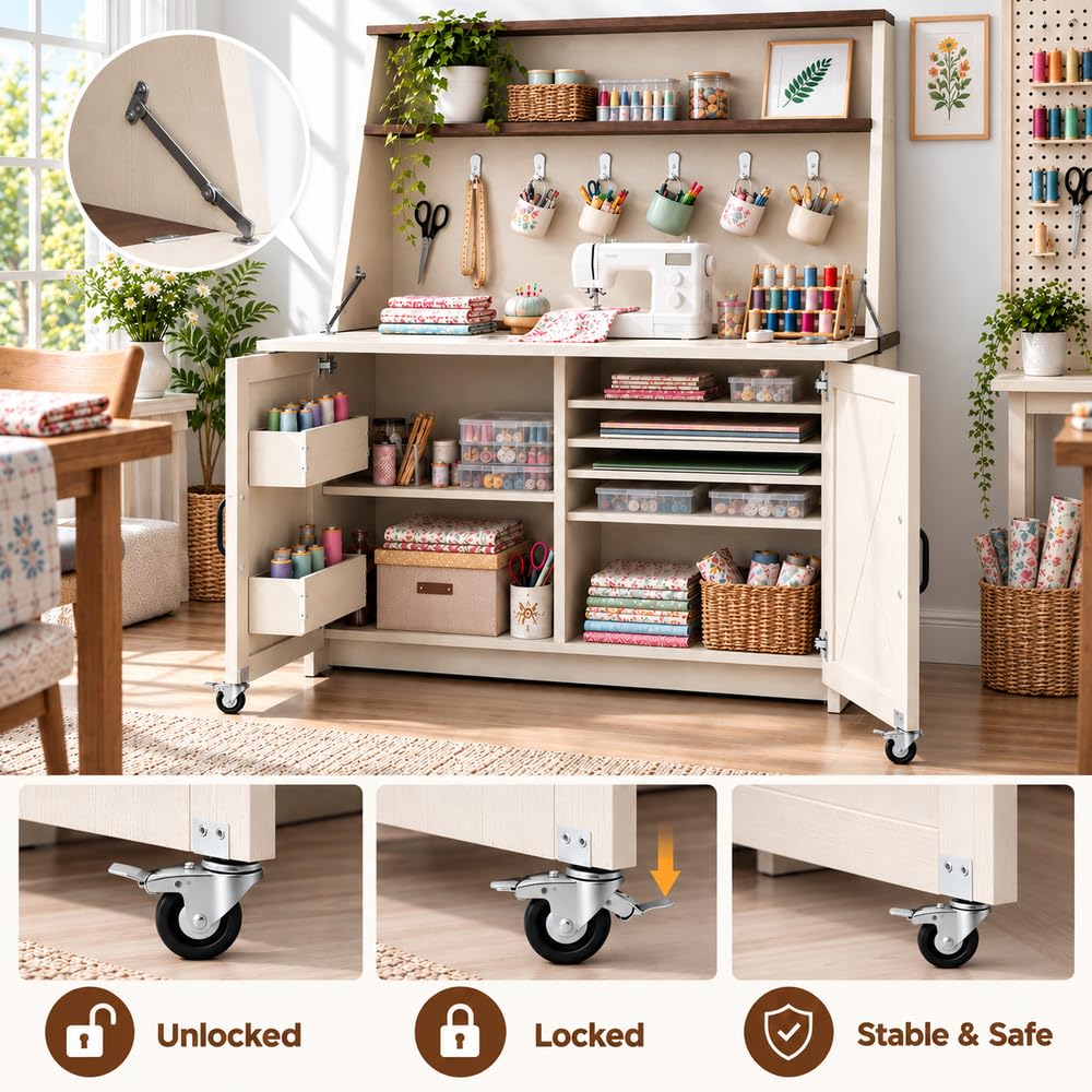 Foldable Sewing Craft Table with Storage Cabinet & Power Outlets, White