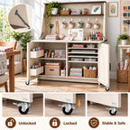 Foldable Sewing Craft Table with Storage Cabinet & Power Outlets, White