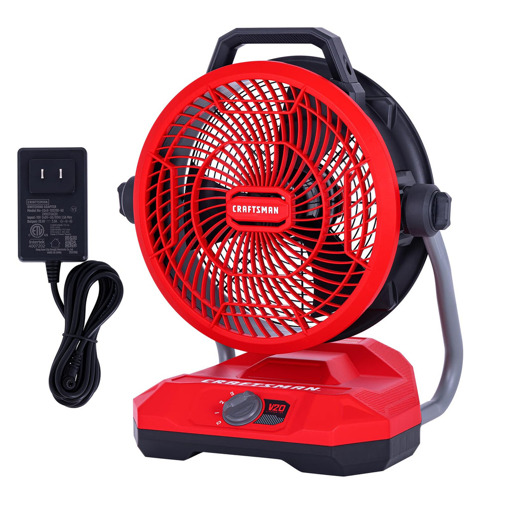 CRAFTSMAN V20 Cordless 12" Portable Fan, Battery Powered Fan, AC/DC Dual Supply, AC Adapter included, 1400 CFM, 3-Speed Settings, 130° Tilt for Garage, Workshop, Outdoor and Patio