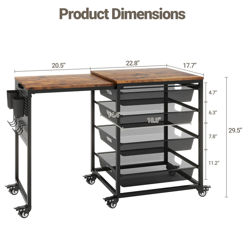 Craft Table with Wheels & Drawer,Extendable Cart with Pegboard,Retro