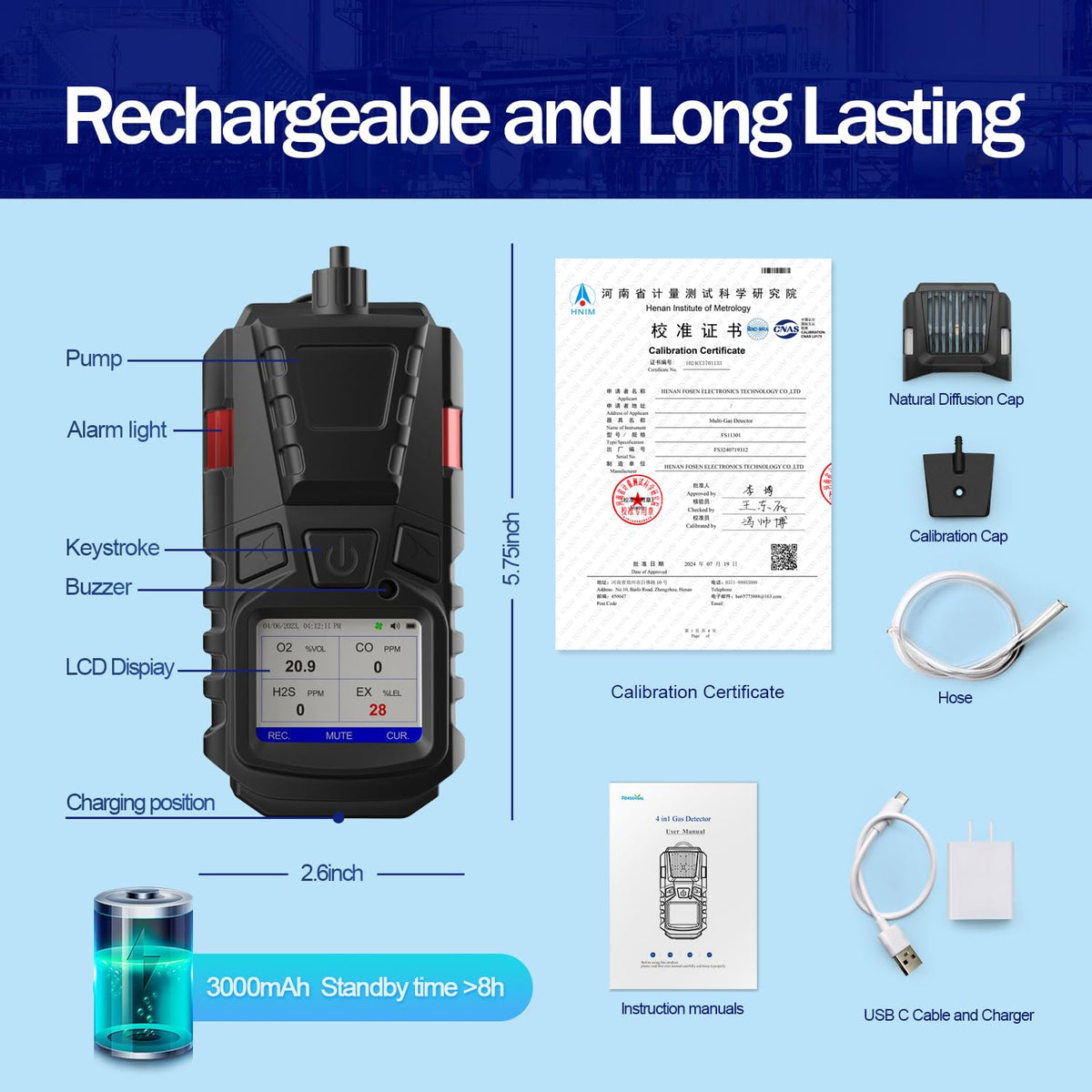 Gas Detector with Pump, 4 Gas Monitor Multi Gas Detector CO EX O2 H2S Meter