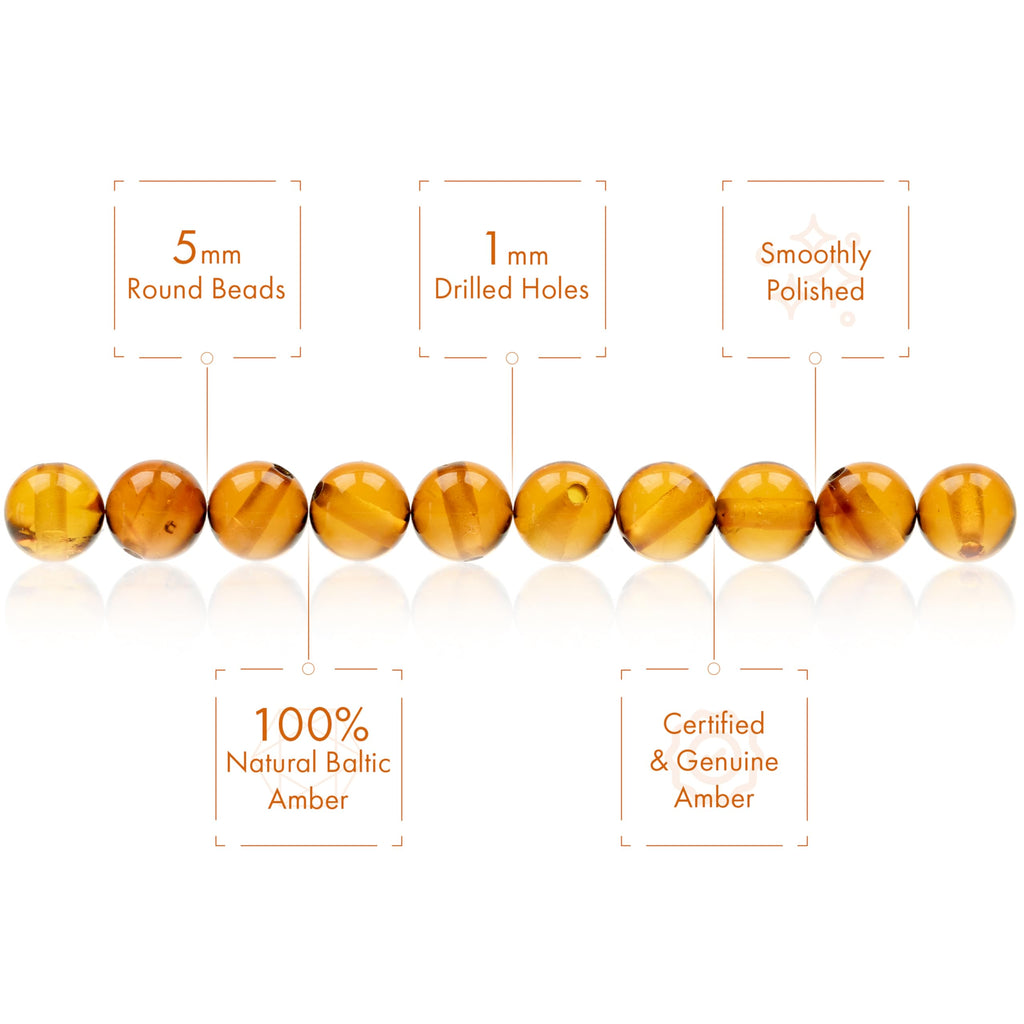 Amber Round Beads Polished 100% Natural Baltic Stone 5mm Loose with Drilled Holes for Crafting Beading and Jewelry Making - Amber Culture