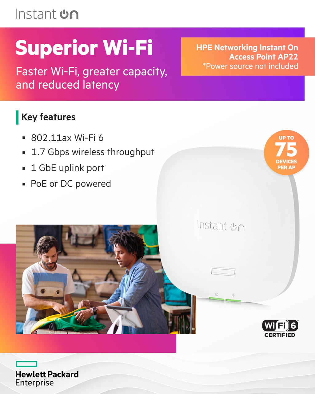 HPE Networking Instant On Access Point AP22 2x2 WiFi 6 Indoor Wireless Access Point | Long Range, Secure, Smart Mesh Support | Power Source Not Included | US Model (R4W01A),Dual-Band