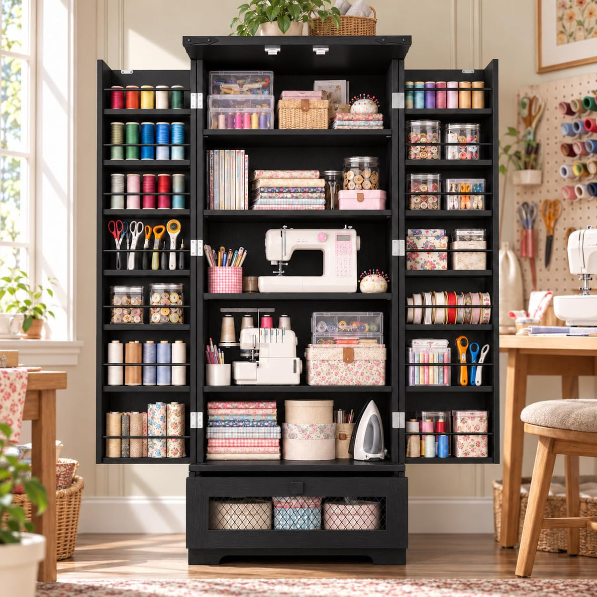 55" Tall Sewing Cabinet with Storage, Craft Storage Cabinet with Adjustable Shelves, Double Doors with Storage Shelves and Large Drawer, Farmhouse Storage Organizer for Sewing Supplies, White