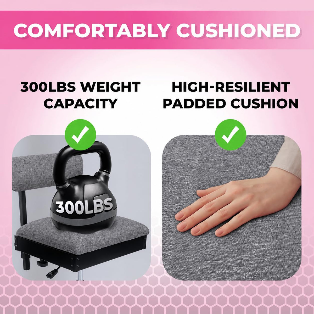 Pink Power Sewing Chair with Wheels and Adjustable Back Support, Gray