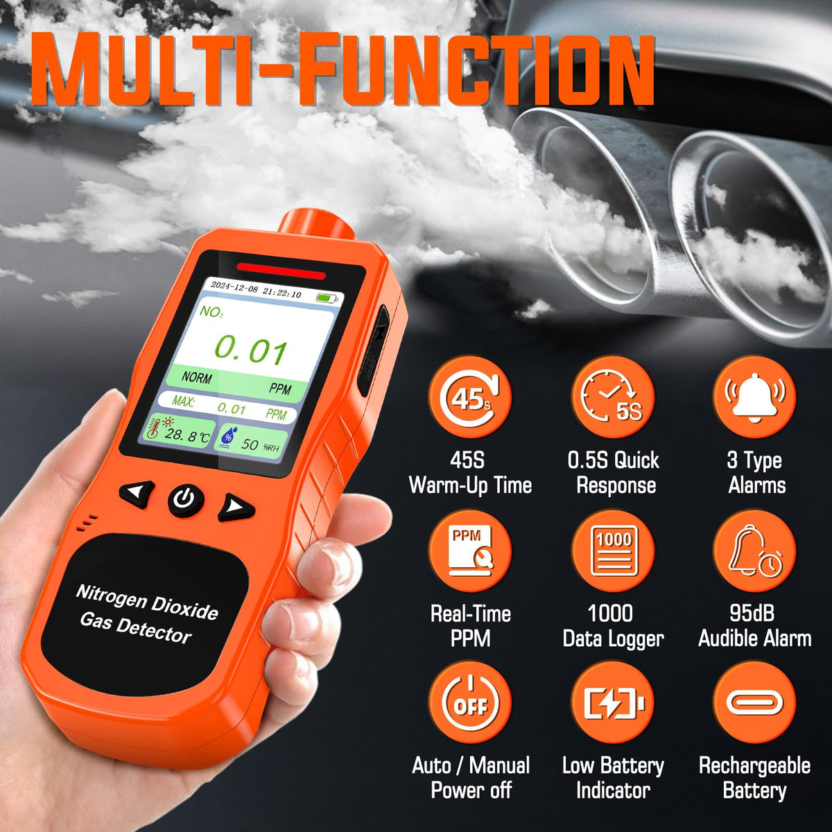 Portable Nitrogen Dioxide Gas Detector, 0-50PPM NO2 Monitor, Rechargeable Nitrogen Dioxide Meter for 16H Battery Life, NO2 Air Quality Meters with Alerts, Electrochemical Sensor