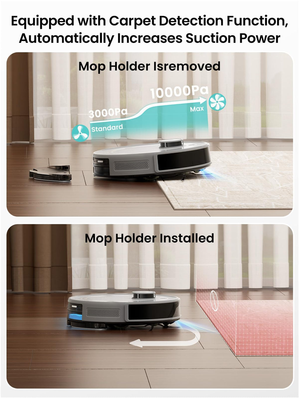 Lefant Robot Vacuum and Mop Combo, 10000Pa Suction, 75-Day Self-Emptying Base with Multi-Floor Mapping, 240Min Runtime, Ideal for Pet Hair & Carpets, Wi-Fi/Alexa/App Control, M2S Plus