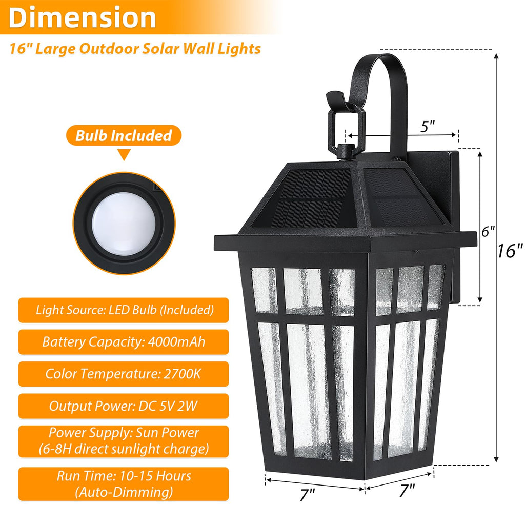 2 Pack Solar Outdoor Wall Lights, 16" Large Motion Sensor Exterior Lighting Fixtures, Dusk to Dawn Black Porch Light Lantern with Buble Glass, Waterproof Modern Outside Light for House Patio Garage