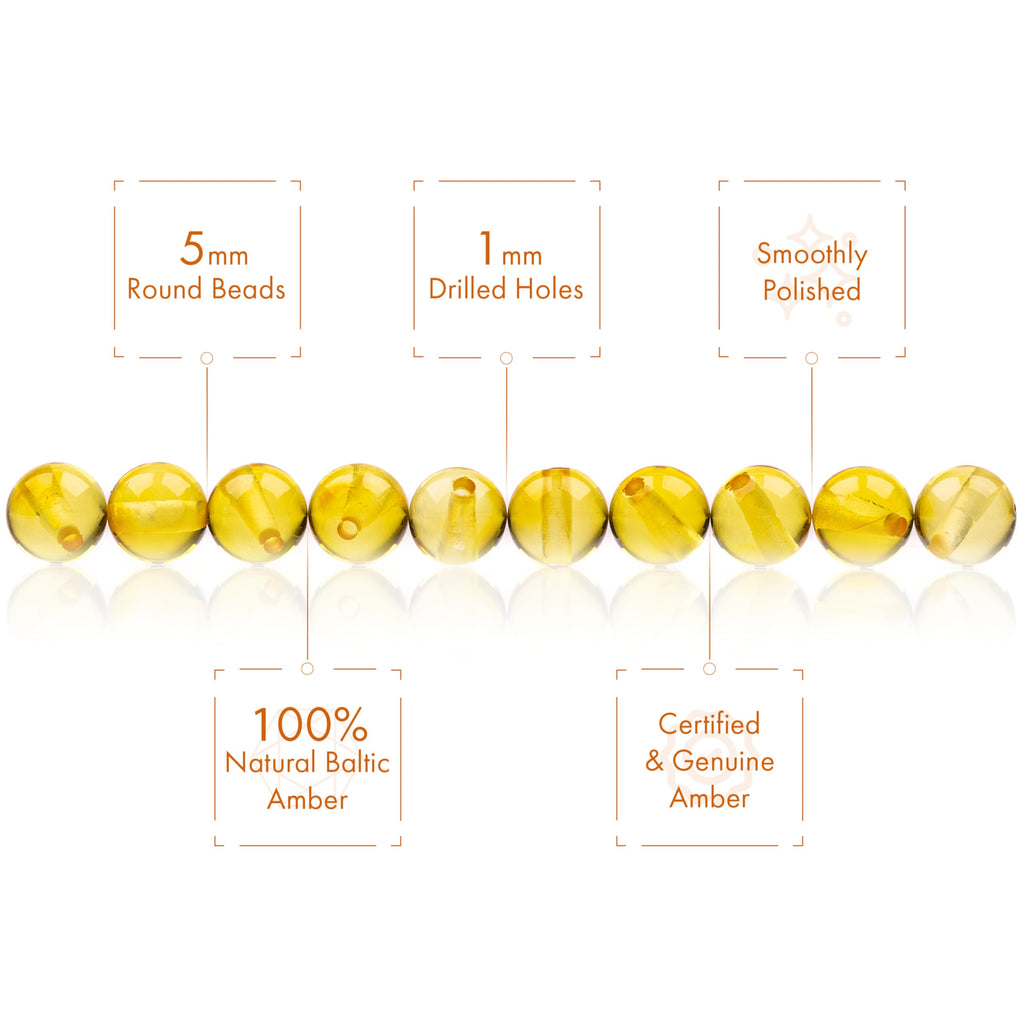 Amber Round Beads Polished 100% Natural Baltic Stone 5mm Loose with Drilled Holes for Crafting Beading and Jewelry Making - Amber Culture