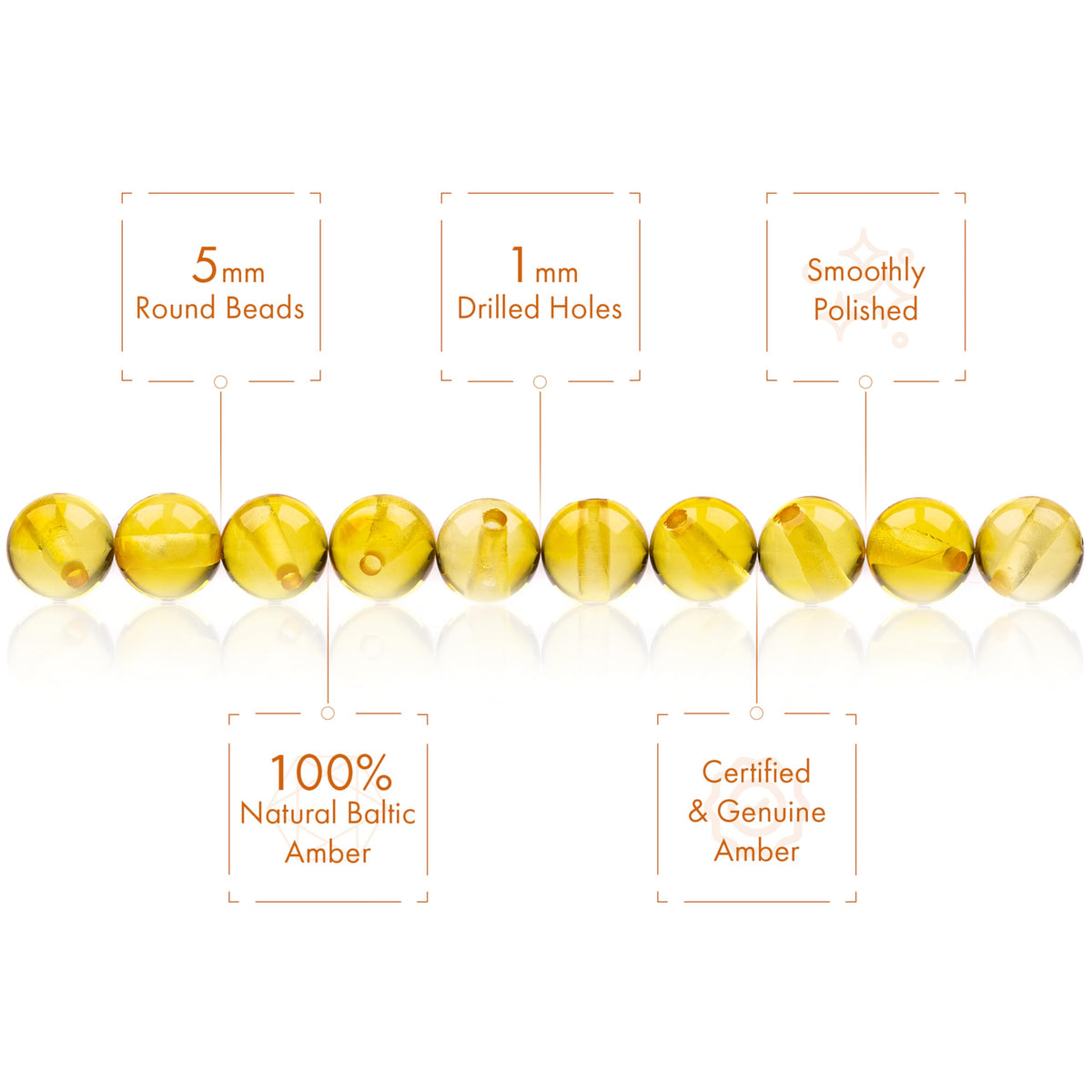Amber Round Beads Polished 100% Natural Baltic Stone 5mm Loose with Drilled Holes for Crafting Beading and Jewelry Making - Amber Culture