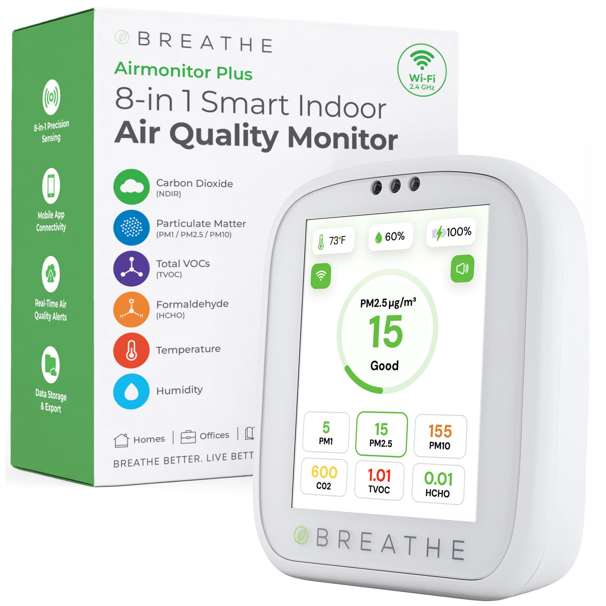BREATHE Airmonitor Plus Gen 2 Indoor Air Quality Monitor, CO2, PM2.5, TVOC