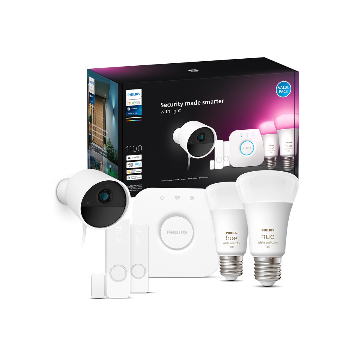 Philips Hue Secure Starter Kit - Includes 3 Secure Contact Sensors (White), 1 Indoor Motion Sensor, 1 Bridge, 2 White & Color Ambiance Smart Bulbs - Easy to Install, Works with Hue App