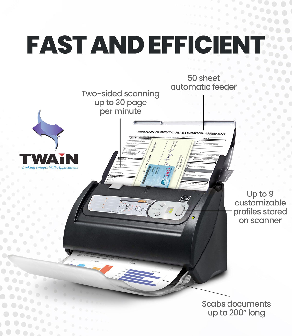 Plustek PS188 - High Speed Document Scanner 30 ppm with 50 Sheet Capacity