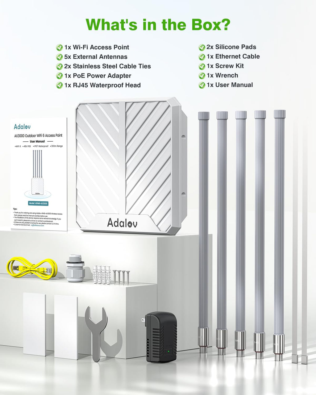 Adalov AX3000 Outdoor WiFi 6 Access Point, Dual Band, POE, IP67