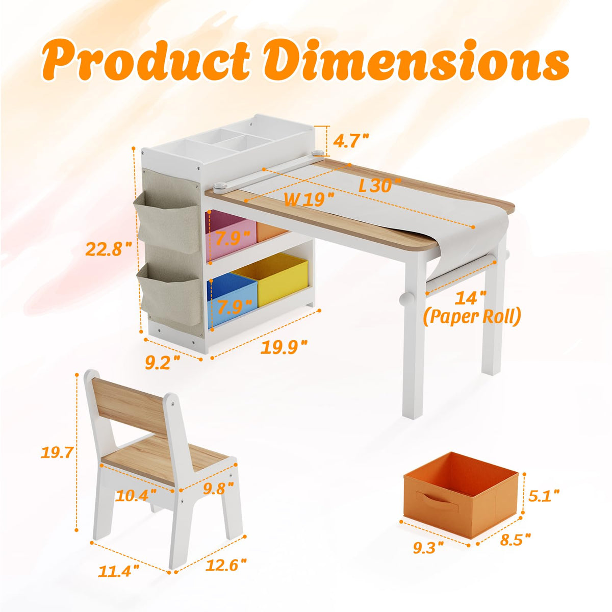 Kids Art Table and Chair Set with 2 Chair & Bins, 41" L x 20" W, Natural