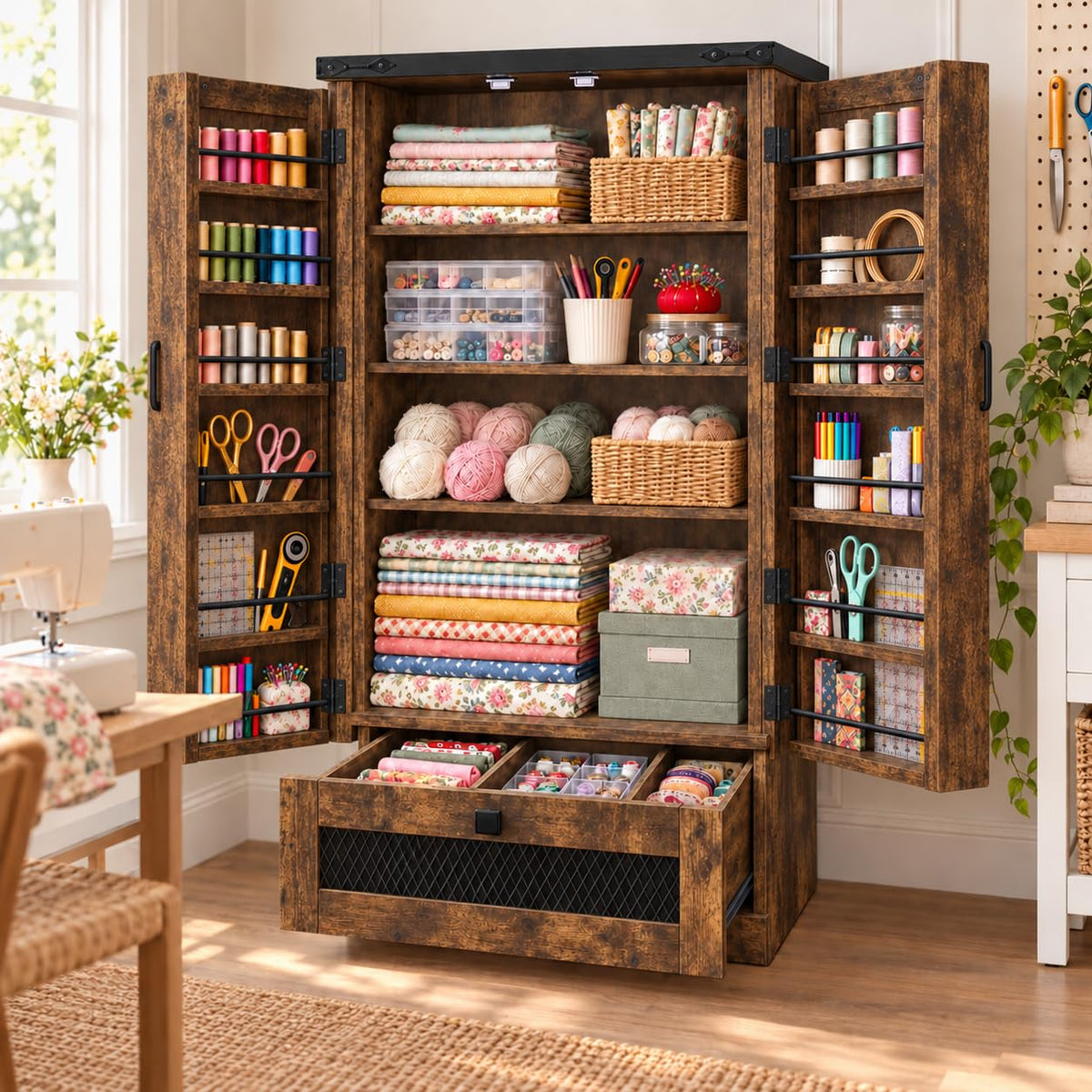Sewing Cabinet with Storage, 47" Tall Craft Organizer for Sewing Machine, Double Doors with Thread Shelves, Adjustable Interior Shelves and Bottom Drawer (Brown)