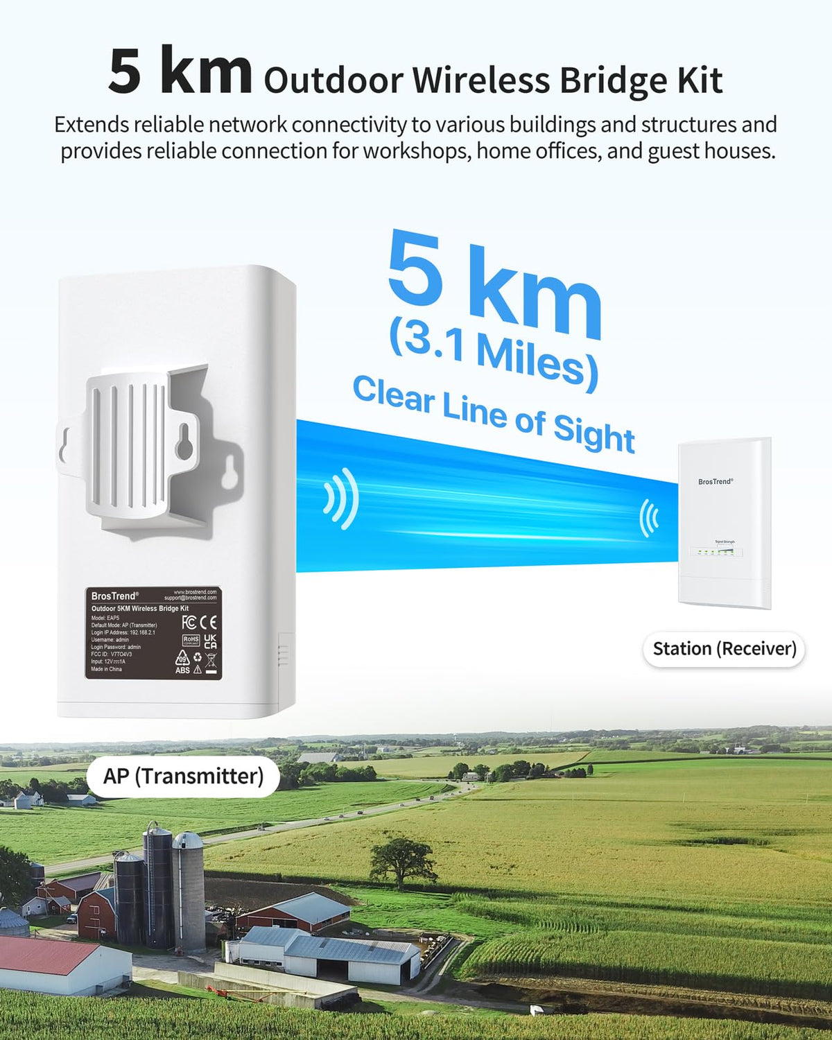 BrosTrend 5KM Wireless Bridge Point to Point Outdoor with 2X Gigabit Ports