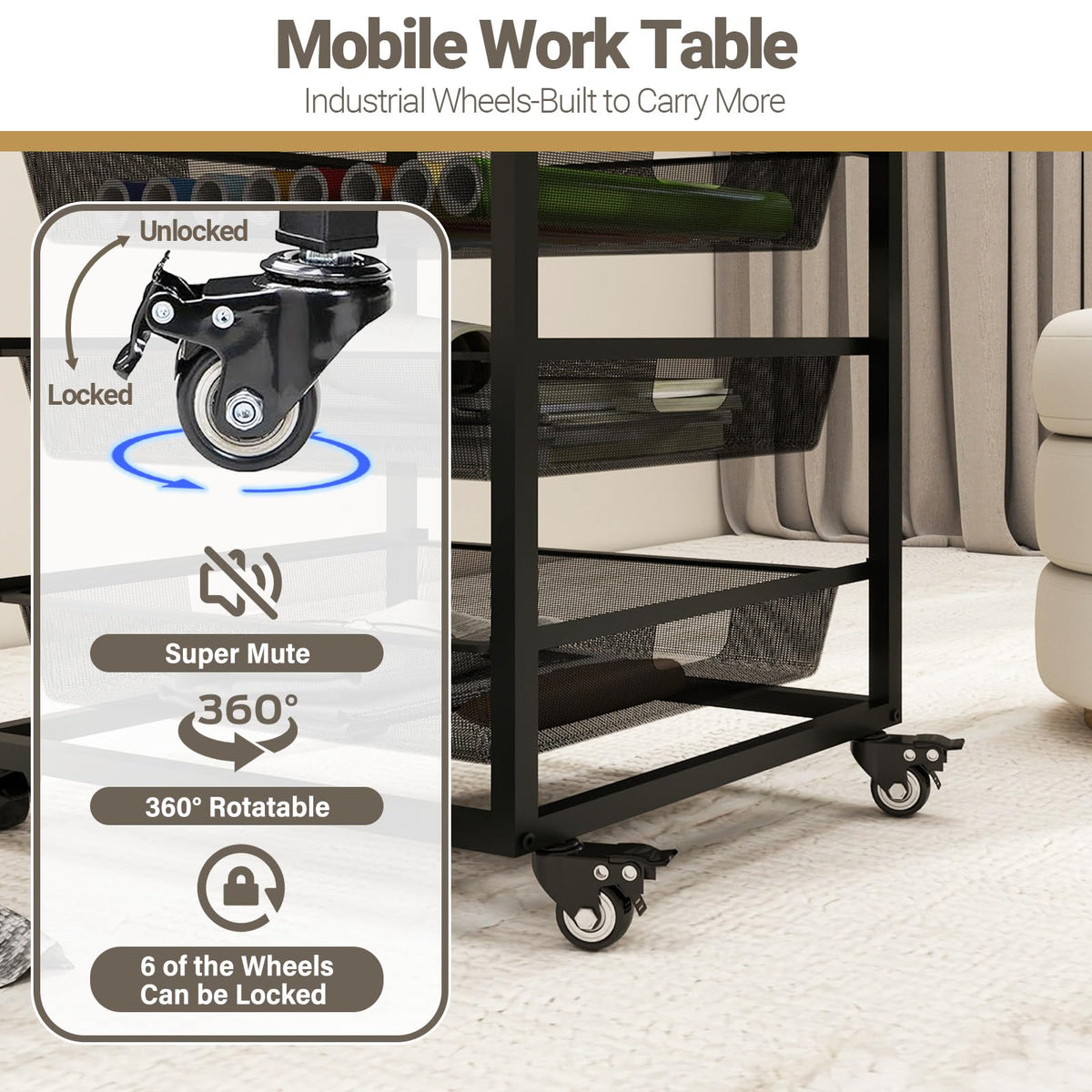 Craft Table with Wheels & Drawer,Extendable Cart with Pegboard,Retro