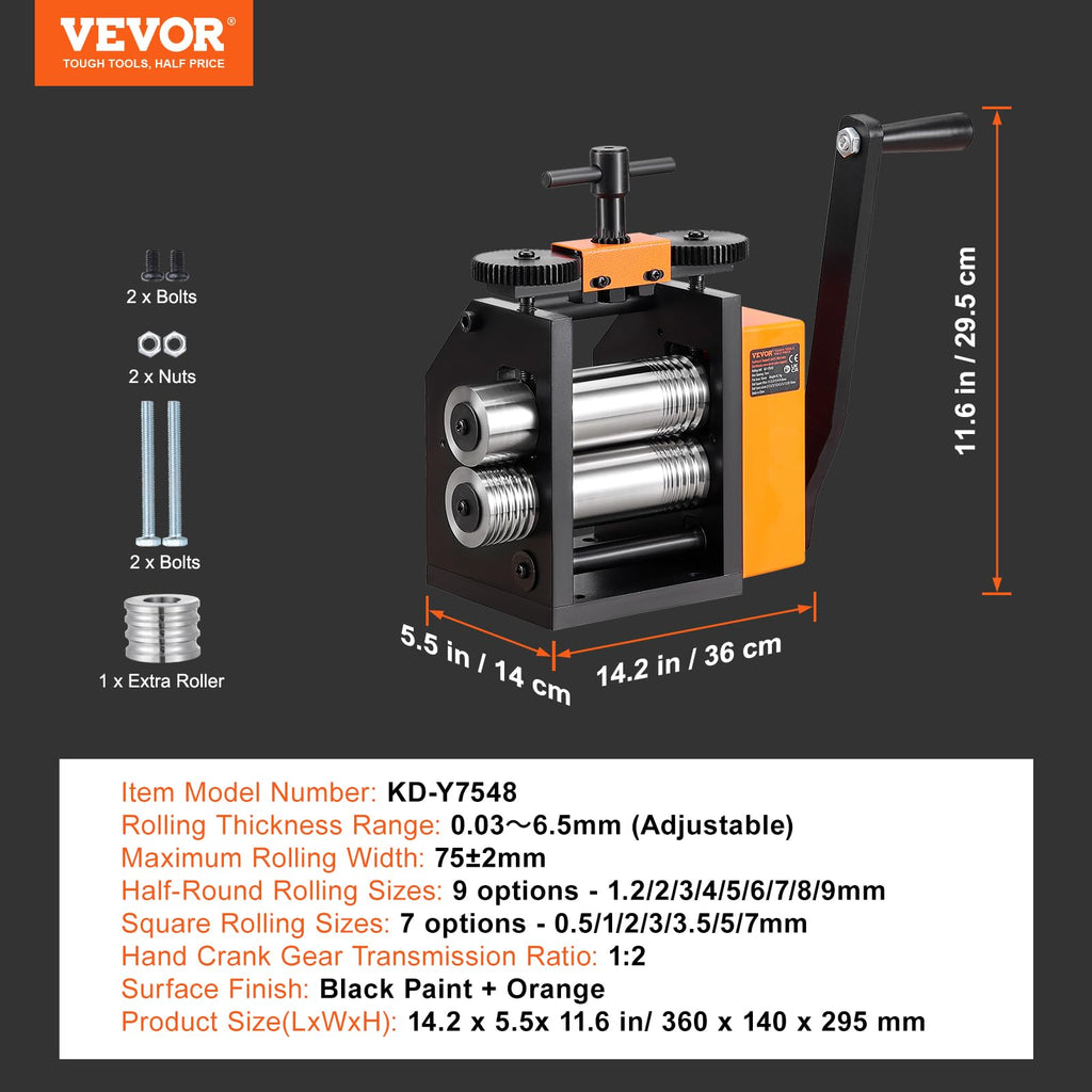VEVOR Jewelry Press, 75mm Width, 3-in-1 Functionality, Gear Ratio 1:2, Adjustable 0.03-6.5mm Press Thickness, Ideal for Crafting Metal Jewelry Sheets, Squares, Wires, and Semicircles