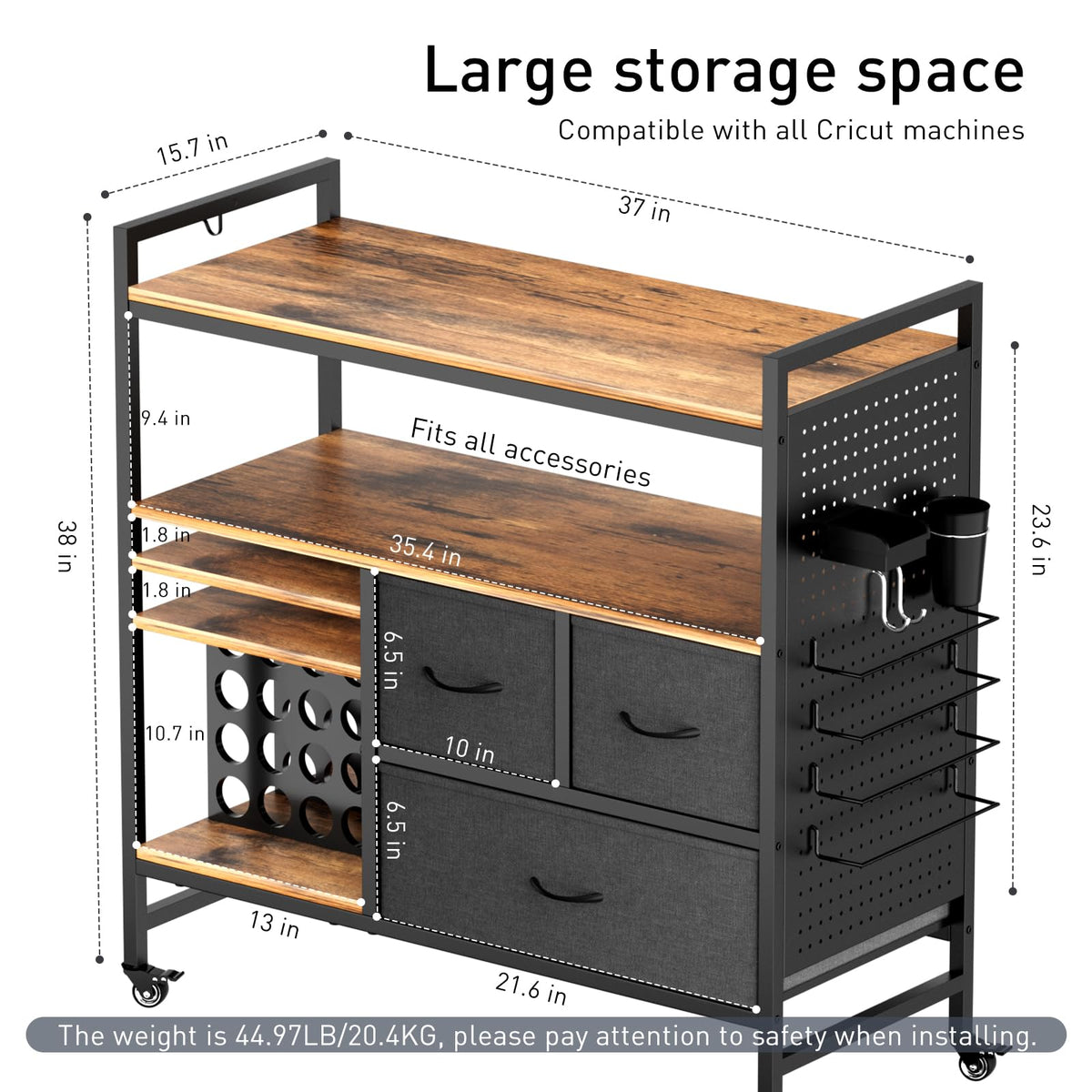 Craft Storage Cart Compatible with Cricut, 20-Roll Rack & Pegboard